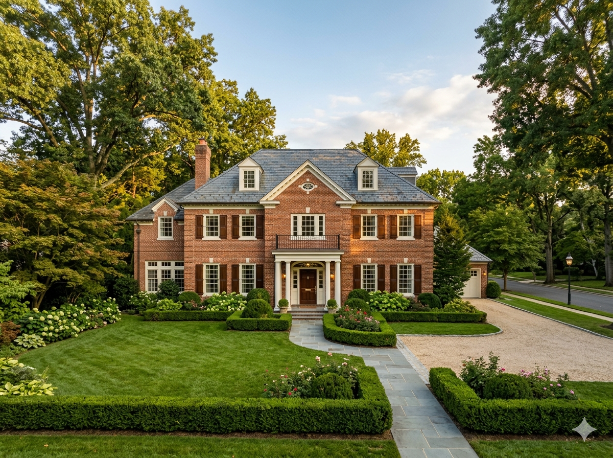 Stately brick home with formal boxwood garden and mature oak trees in Spring Valley, Washington DC