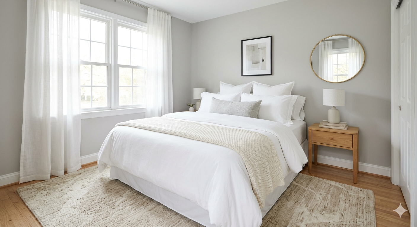 Professionally staged master bedroom with white bedding and natural light in Washington DC area home