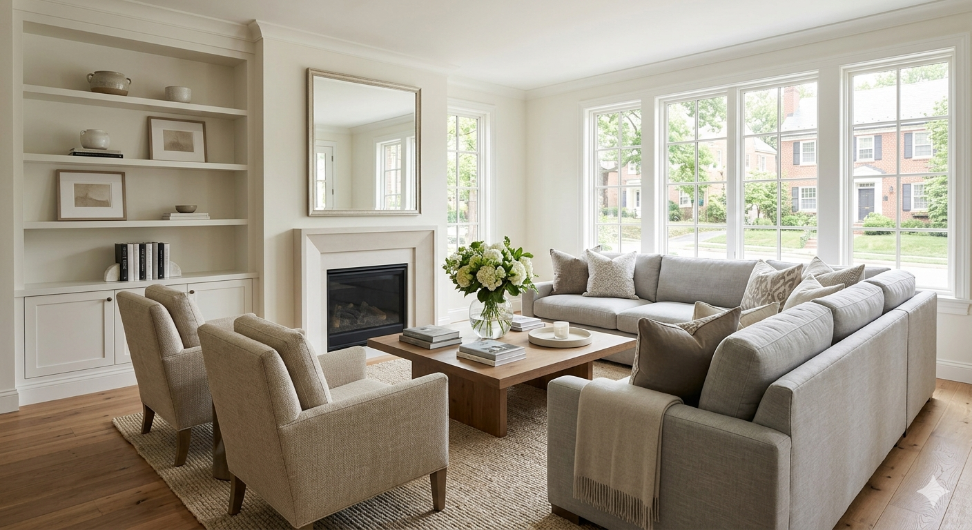 Beautifully staged luxury interior living room of a DC area home prepared for sale during a contentious divorce, representing professional real estate guidance by Matt Cheney Compass