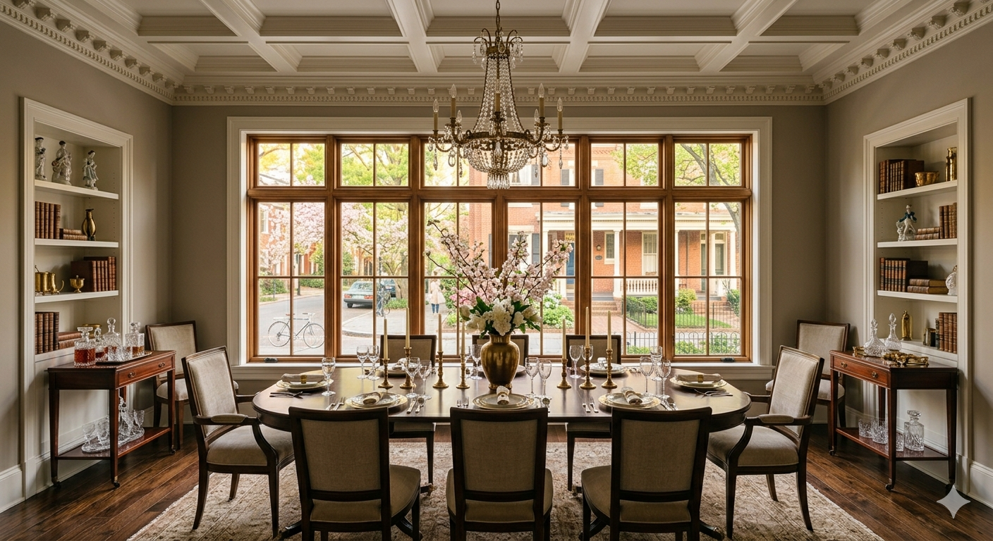 Elegantly staged dining room inside a Woodley Park Washington DC rowhouse showing the presentation quality that attracts serious buyers in the 2026 market