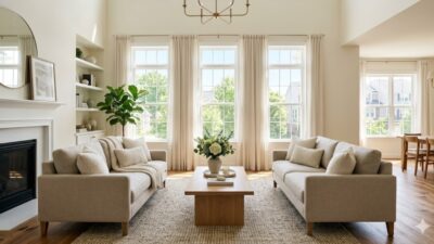 Bright staged living room with neutral furniture and natural light in a DC area home for sale