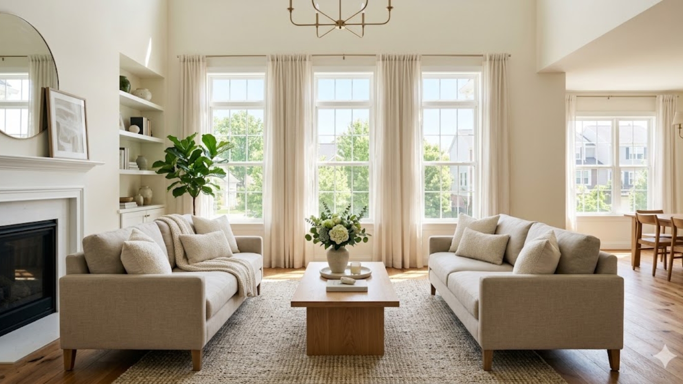 Bright staged living room with neutral furniture and natural light in a DC area home for sale