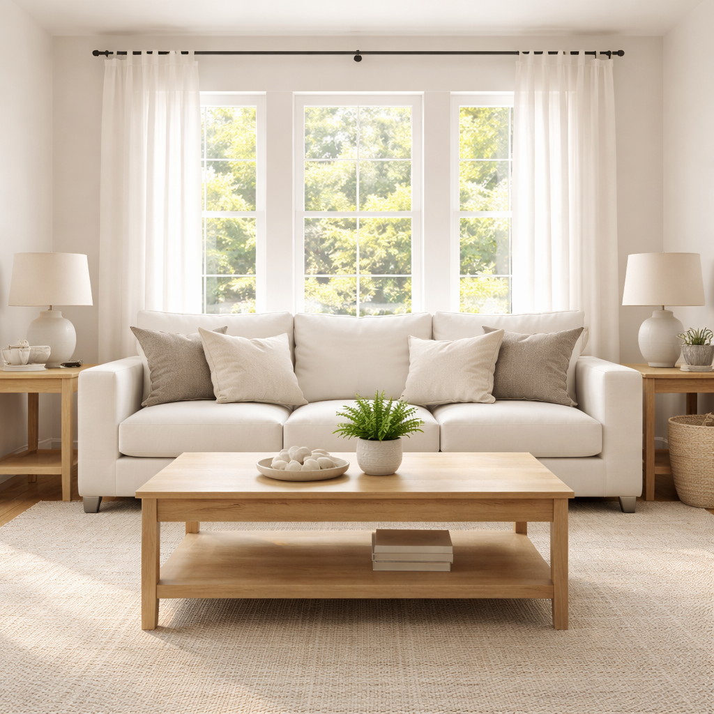 Bright minimalist staged living room with natural light and neutral tones representing a home prepared for sale during divorce in the DC metro area