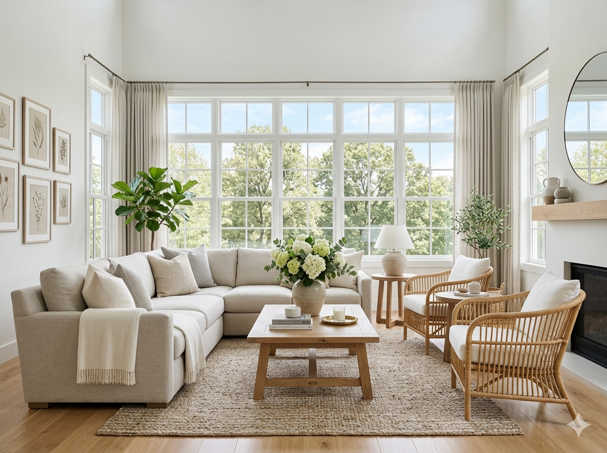 Bright professionally staged living room with neutral furniture and hardwood floors in a DC metro area home