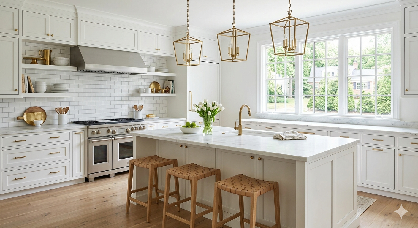 Staged luxury kitchen in a Washington DC area home with marble countertops, brass hardware, and pendant lighting designed to appeal to high-end buyers.