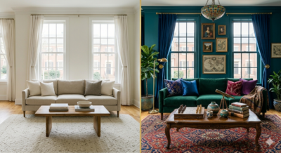 Side-by-side comparison of a professionally staged living room and a personally designed living room in Washington DC area homes, illustrating the difference between staging and interior design for sellers preparing to list.