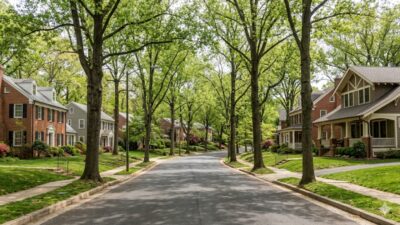 Tree-lined residential street with Colonial and craftsman homes in The Palisades Washington DC