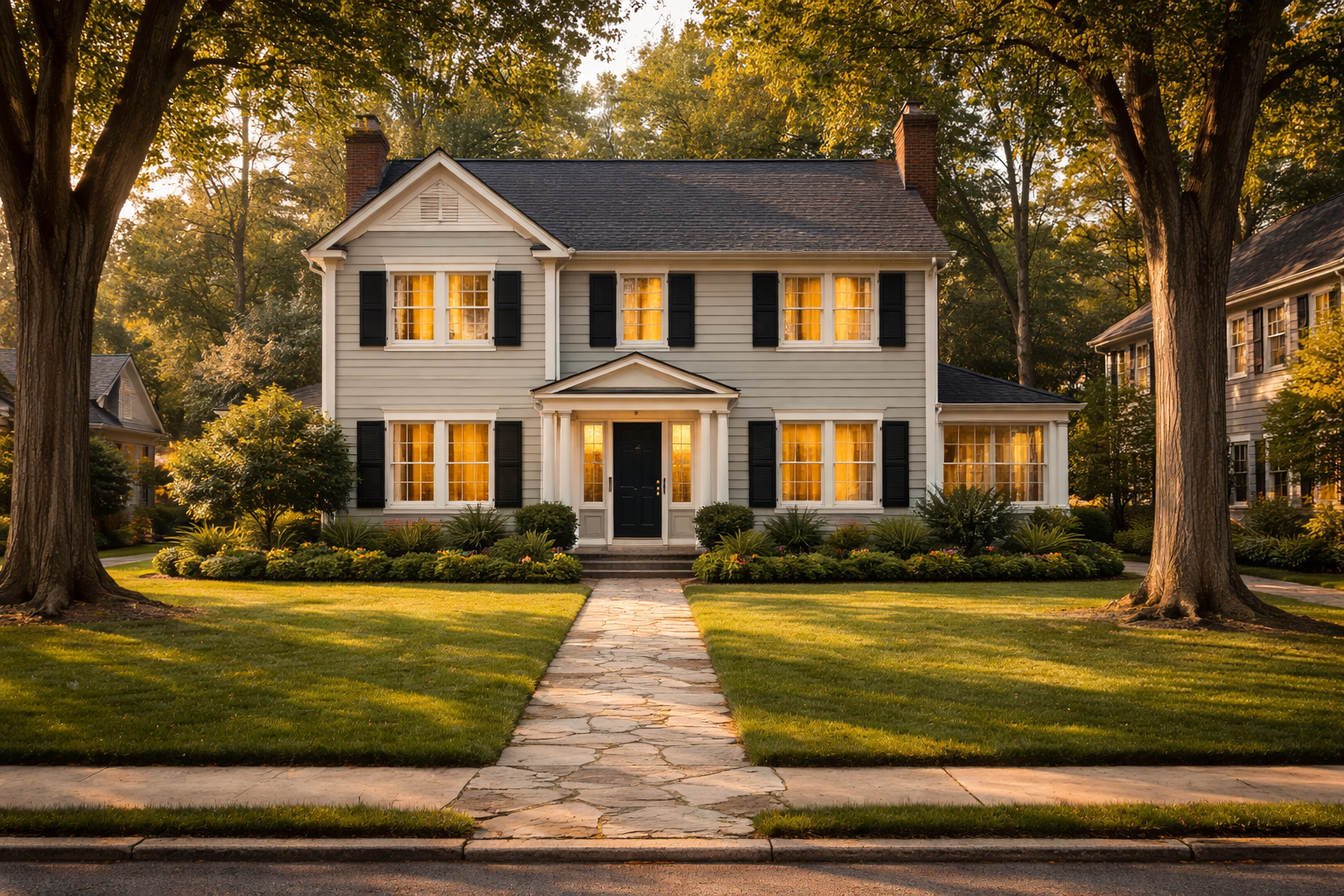 Elegant colonial home on a tree-lined street in the DC metro area representing a home being prepared for sale during a divorce