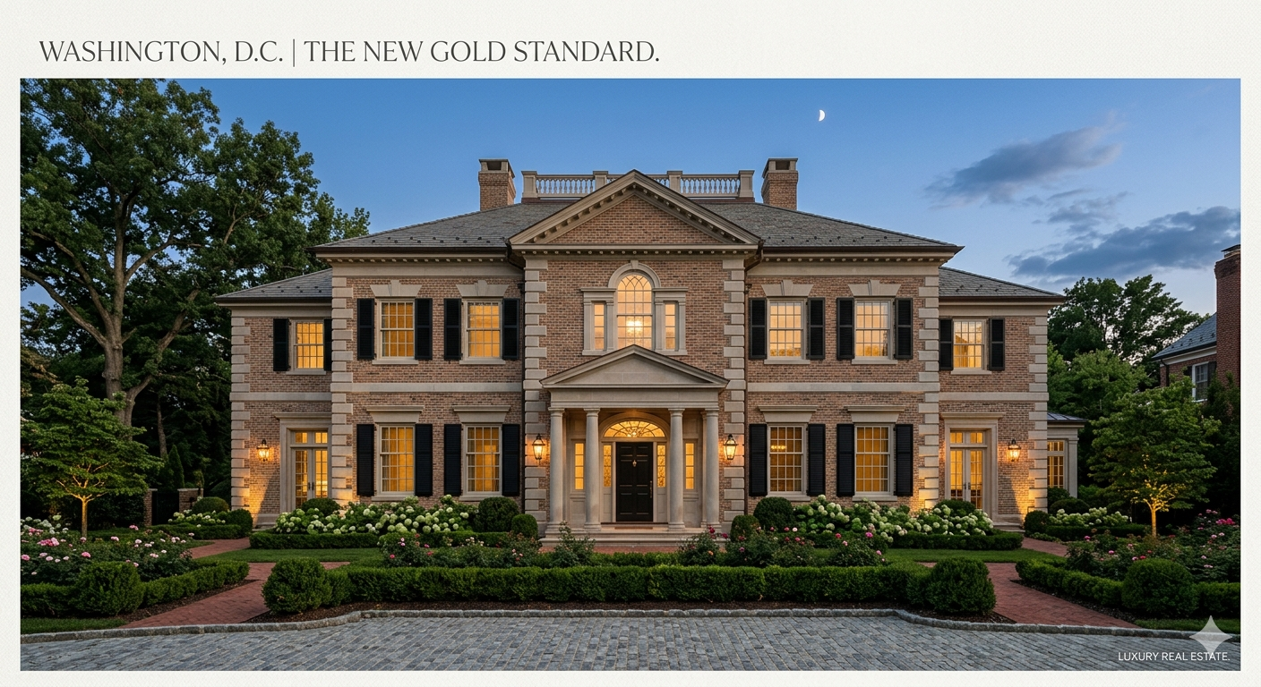 Newly constructed luxury home exterior in Washington DC at dusk with warm lighting and manicured landscaping.