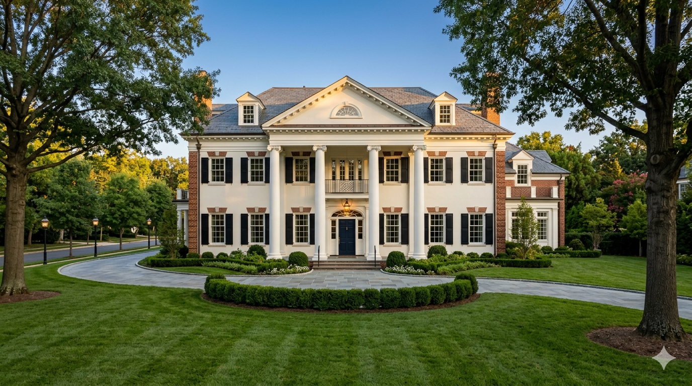 Grand Federal-style multi-million dollar luxury home exterior in Washington, DC with white columns, manicured boxwood hedges, and bluestone driveway at golden hour