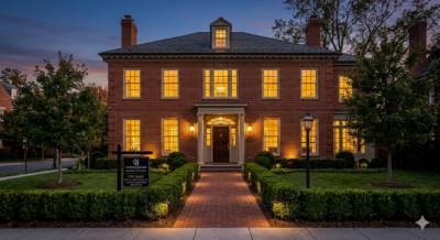 Stately luxury home exterior in Washington DC glowing warmly at dusk with landscape lighting and a well-maintained entrance, representing the premium market positioning that top-producing realtors use for high-end listings in the DC metro area.
