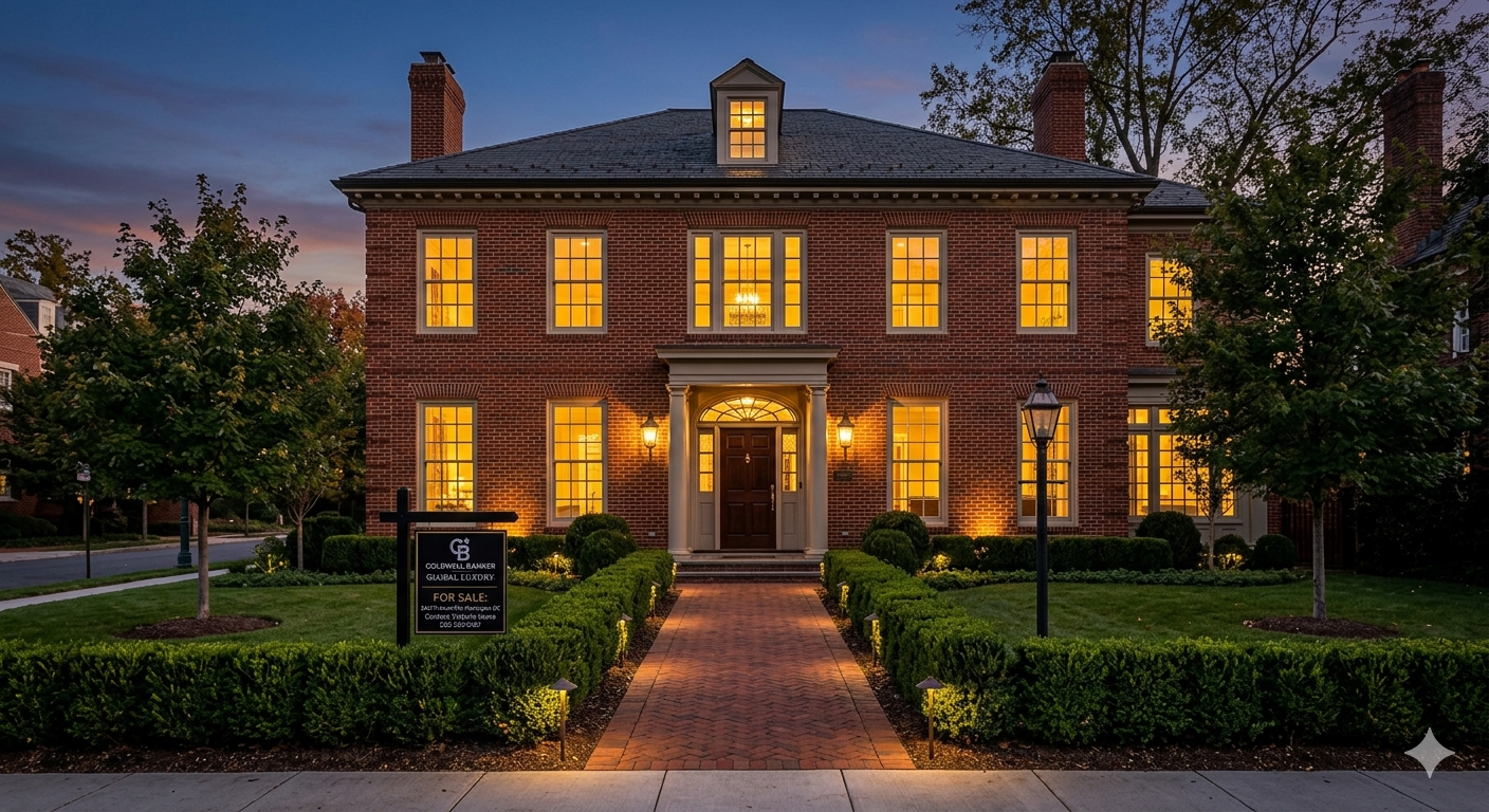 Stately luxury home exterior in Washington DC glowing warmly at dusk with landscape lighting and a well-maintained entrance, representing the premium market positioning that top-producing realtors use for high-end listings in the DC metro area.