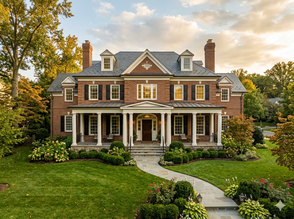 Traditional brick home with white columns and manicured landscaping in McLean, Virginia