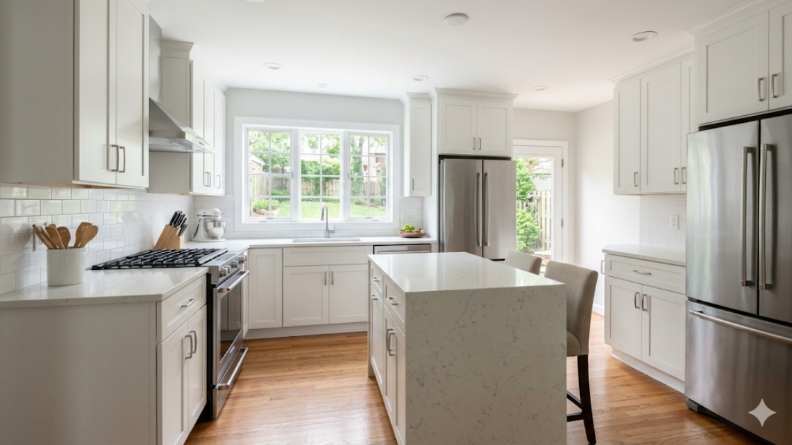 Bright updated kitchen with white cabinets and natural light in a Washington DC home