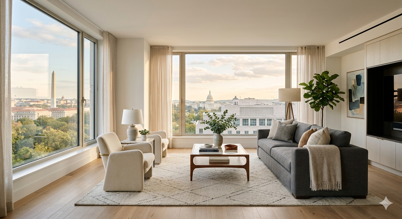 Bright modern condo living room in Washington DC representing the 2026 condo sale process for sellers