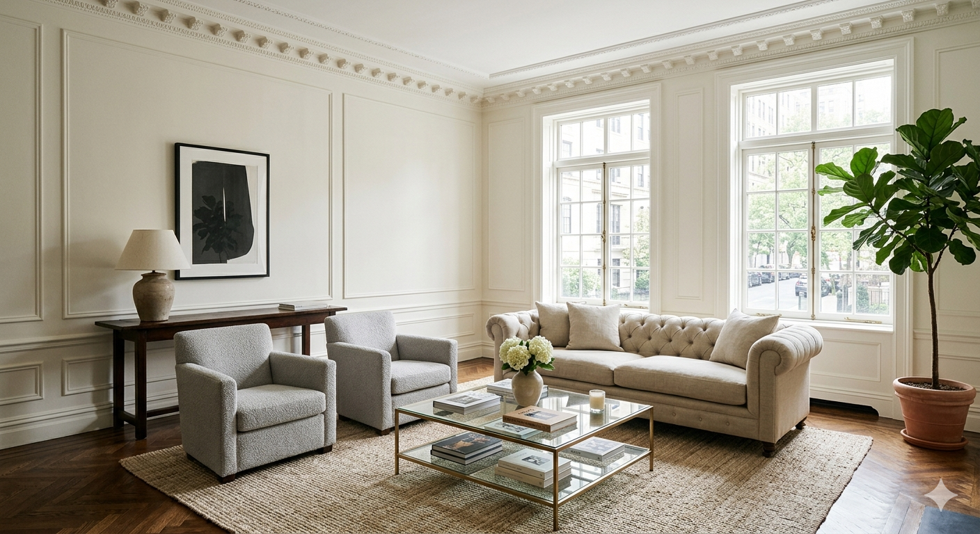 Bright and elegantly appointed Washington DC co-op apartment interior with high ceilings, classic moldings, and hardwood floors