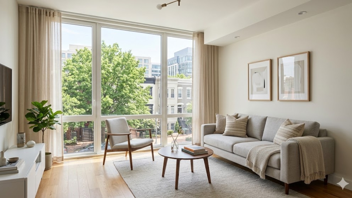 Bright modern condo living room in Washington DC with floor-to-ceiling windows and hardwood floors