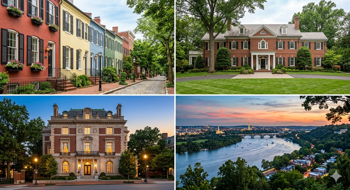 Four-panel editorial image showing luxury residential neighborhoods in Washington DC including Georgetown rowhouses, Spring Valley colonial, Kalorama mansion and Palisades river view