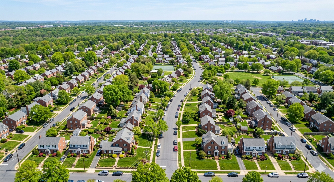 Aerial view of tree-filled residential neighborhood in Washington DC metro area on a clear spring day