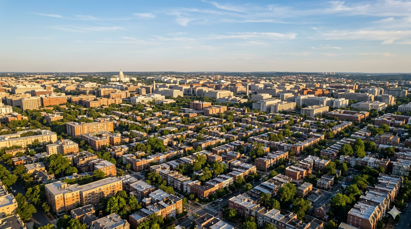 Aerial view of Washington DC residential neighborhoods with the Capitol dome visible in the far background