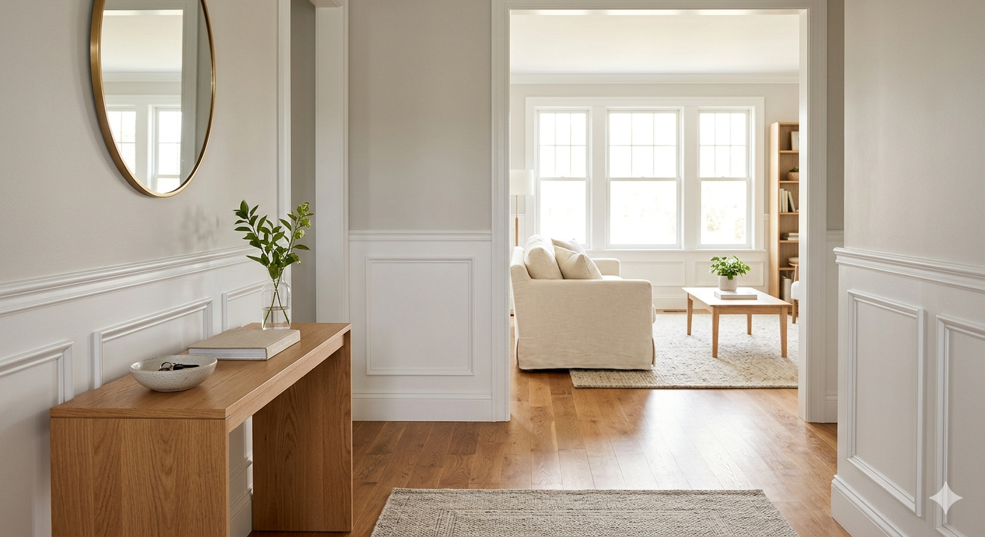 Bright home entryway with hardwood floors and white wainscoting showing a well-maintained DC area listing