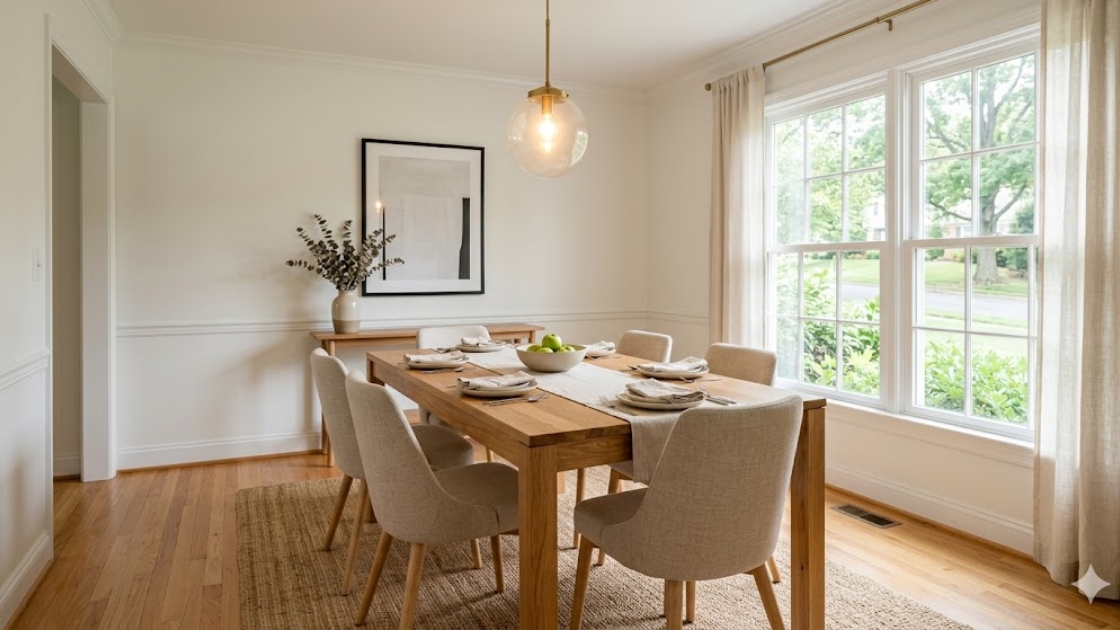 Clean well-staged dining room with natural light in a well-prepared Washington DC area home listing