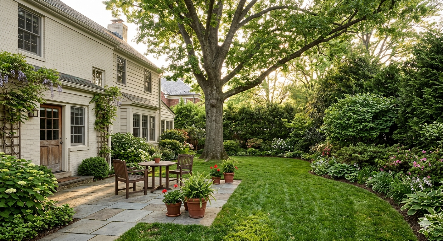 Private backyard with mature shade tree and stone patio at Wesley Heights Washington DC home
