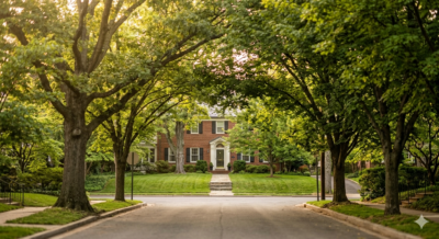 Tree-lined residential street in Wesley Heights Northwest Washington DC with brick colonial homes