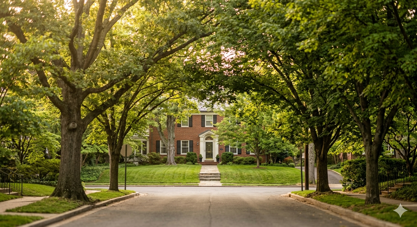Tree-lined residential street in Wesley Heights Northwest Washington DC with brick colonial homes