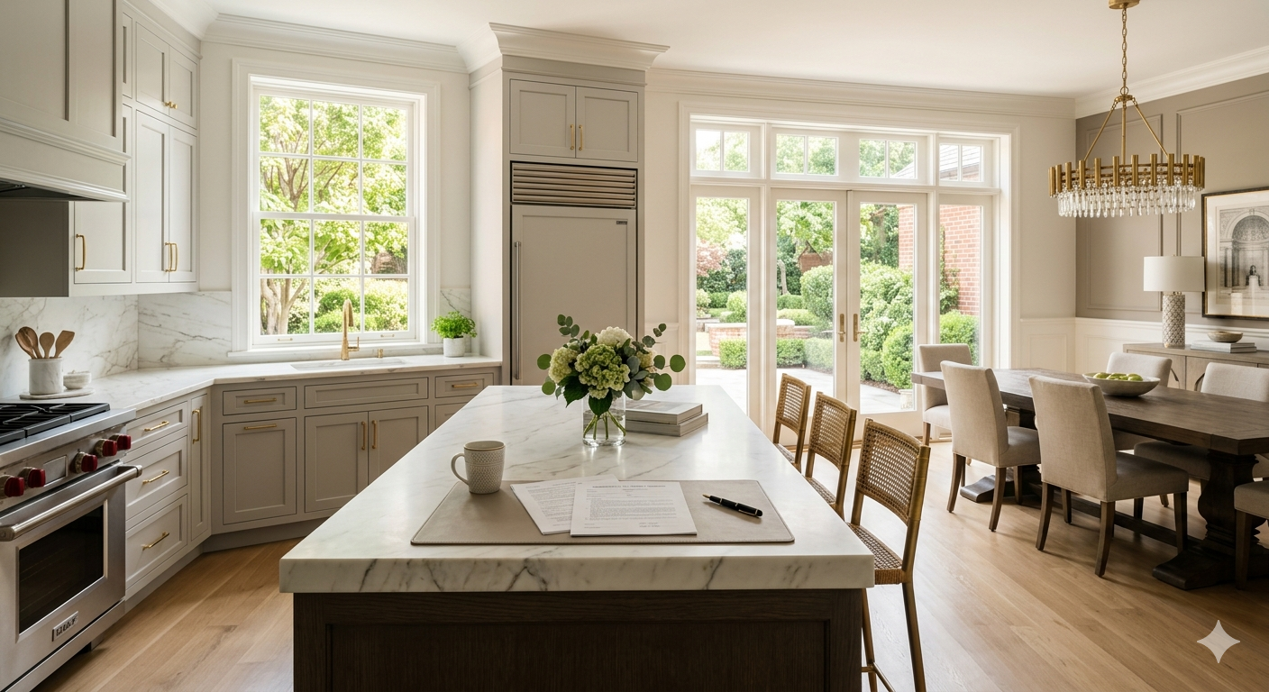 Upscale DC home kitchen with documents on the island representing the offer review process for sellers