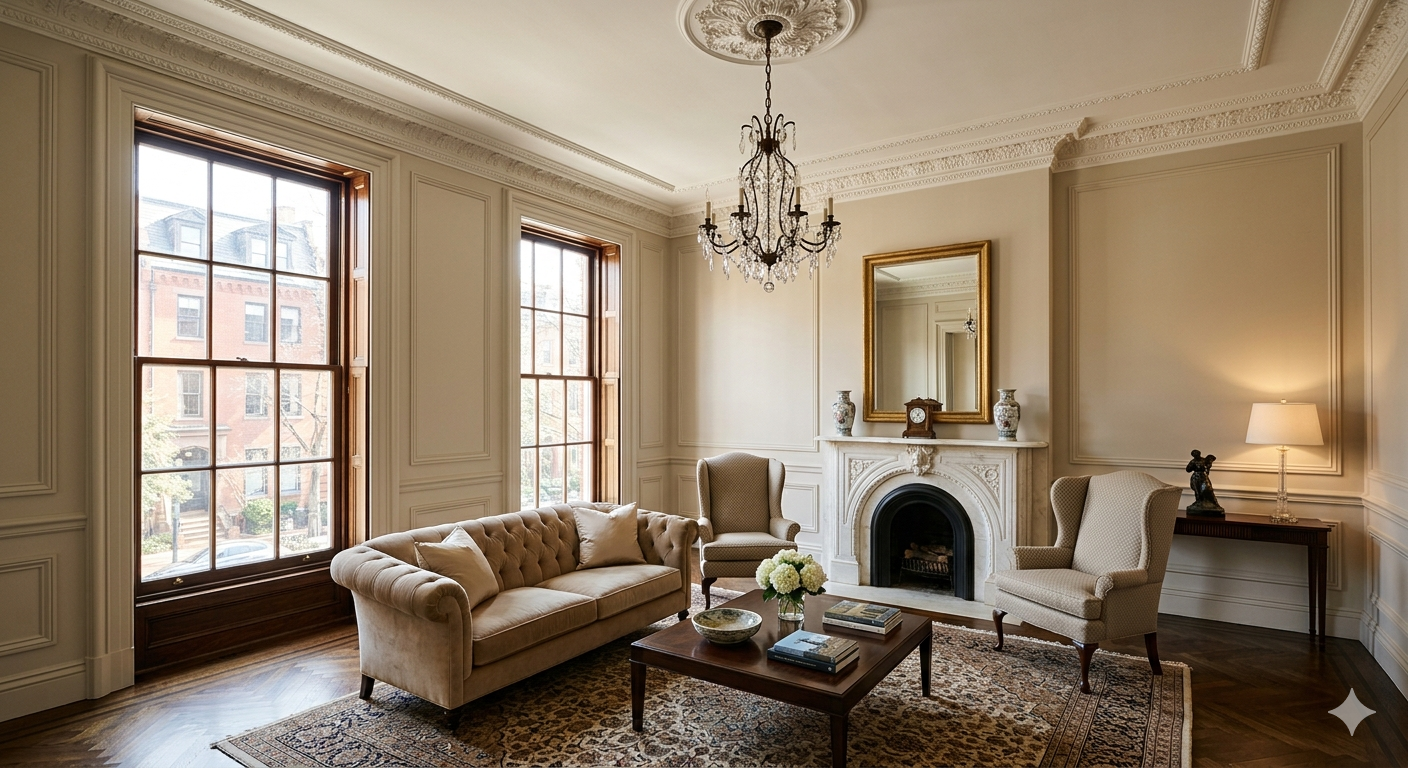 Bright airy living room of a luxury Washington DC home with tall ceilings, hardwood floors, and elegant crown molding