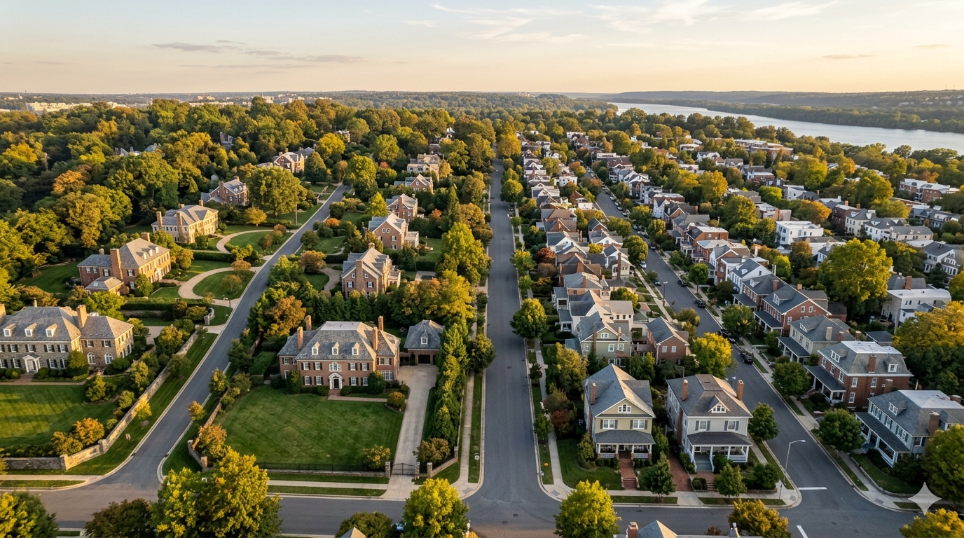 Aerial comparison of Foxhall and Palisades neighborhoods in Northwest Washington DC showing grand colonial homes on tree-lined lanes and craftsman bungalows near the Potomac River in autumn