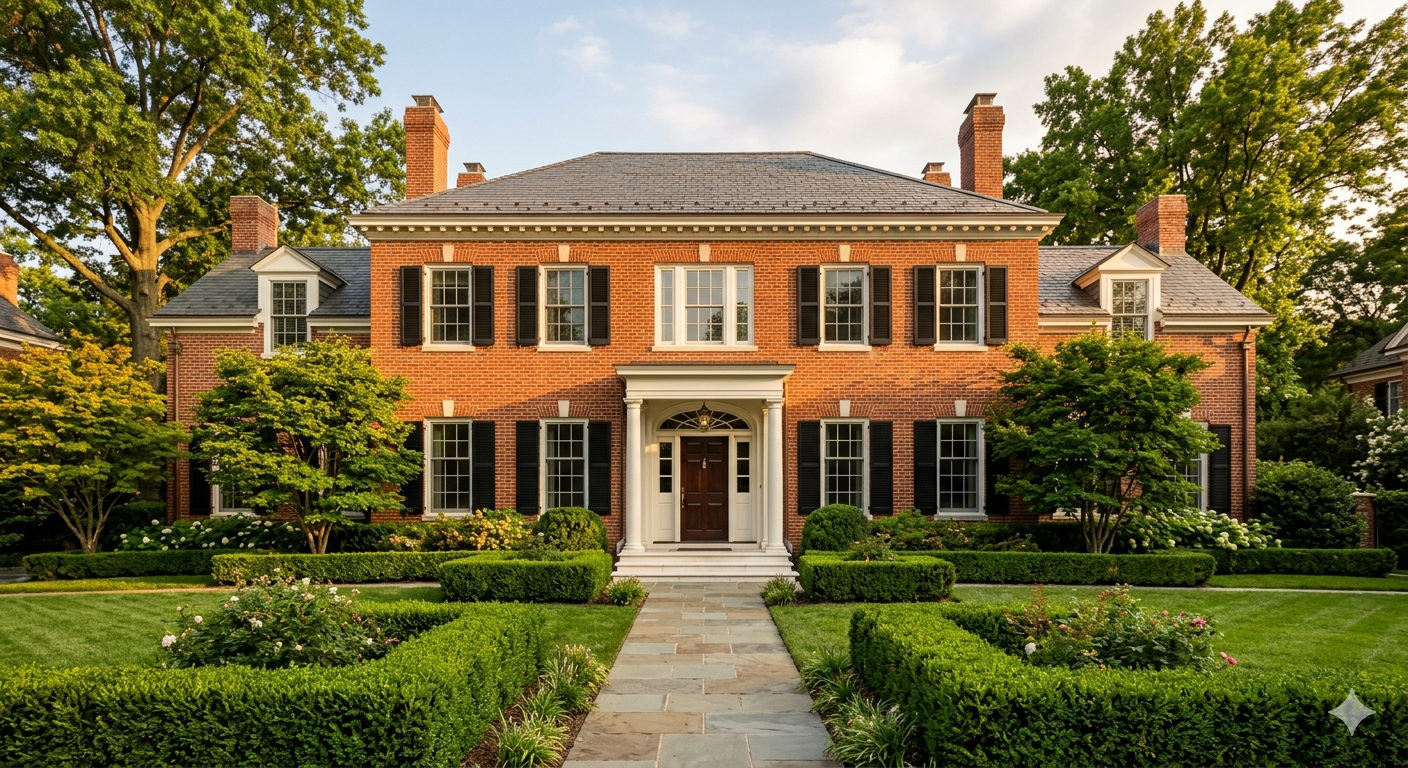 Elegant brick luxury home exterior in Washington DC with manicured landscaping and stone front steps