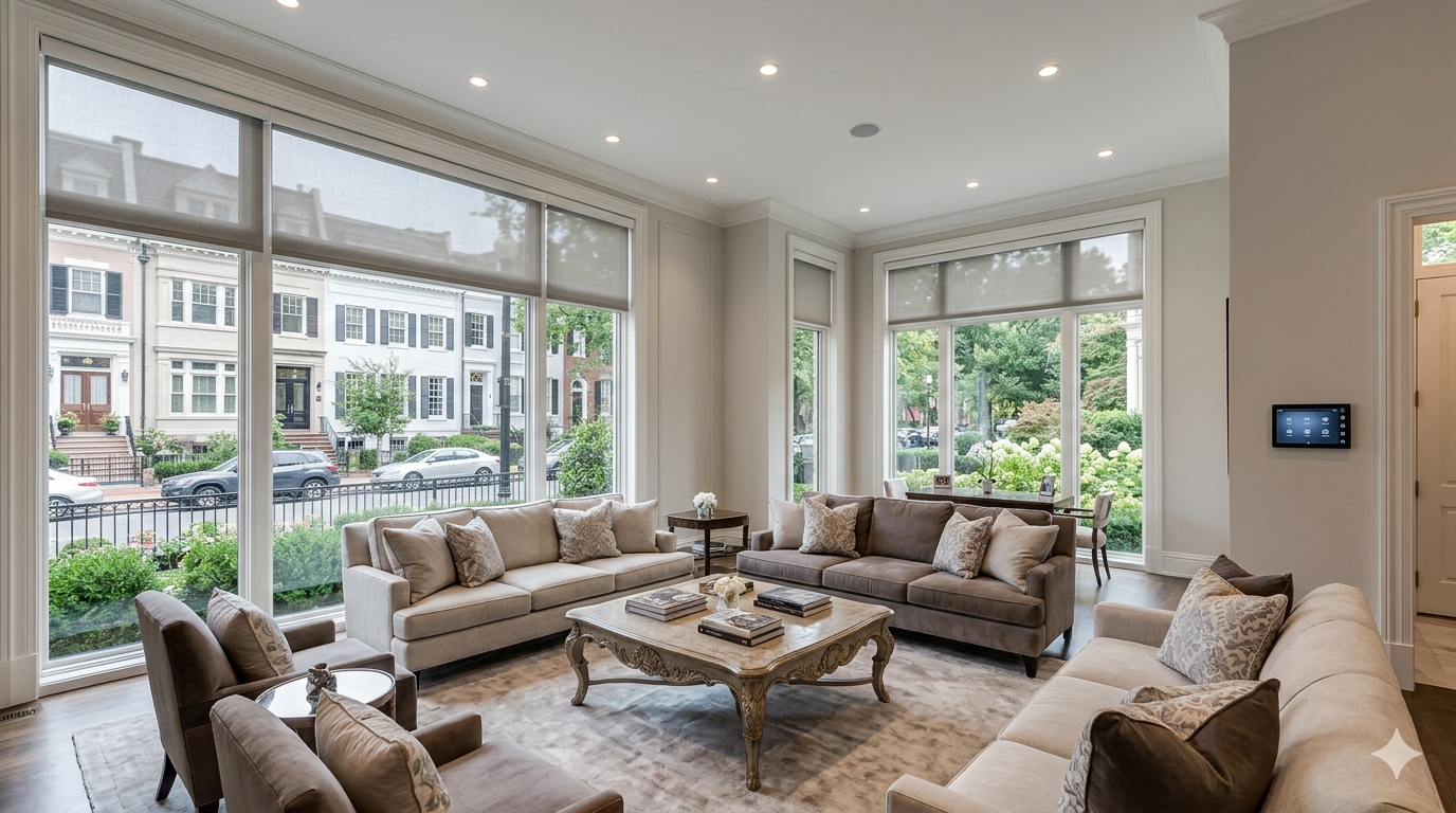Elegant luxury home living room in Washington DC with integrated smart home automation technology, including motorized shades, recessed lighting, and a discreet wall-mounted control panel