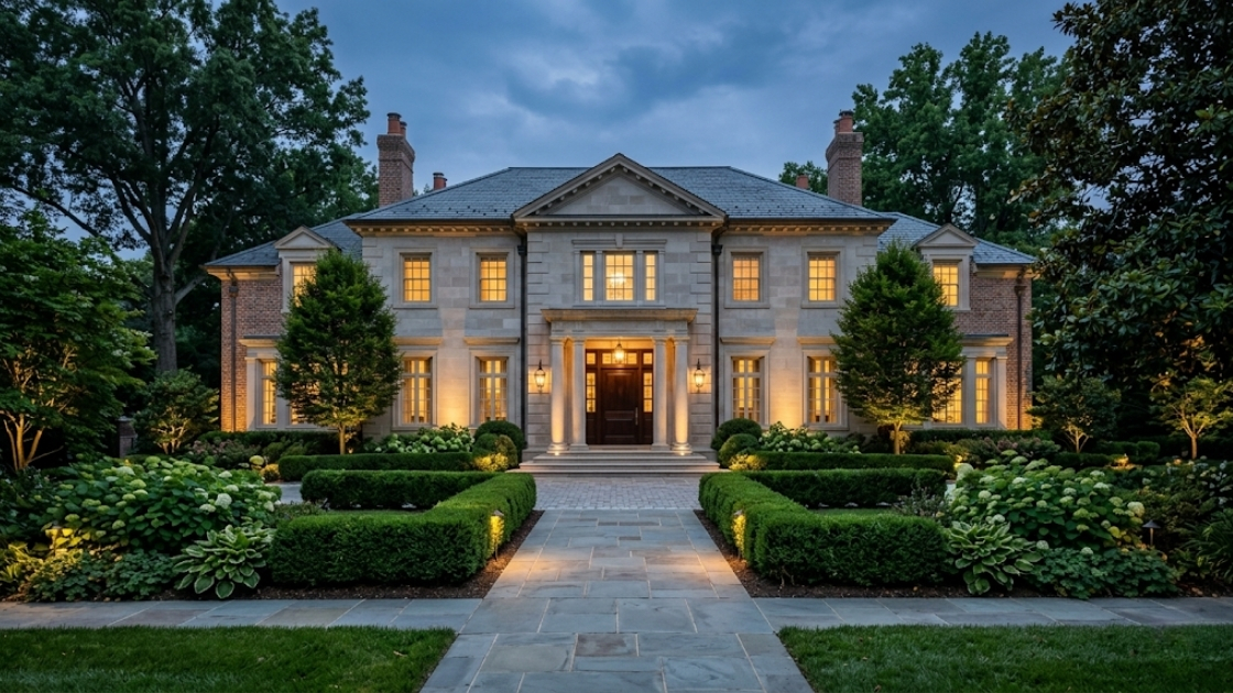 Grand luxury home exterior in Washington DC photographed at dusk with warm landscape lighting and manicured grounds, representing the design-driven listing strategy used by top-producing realtors in the DC metro area