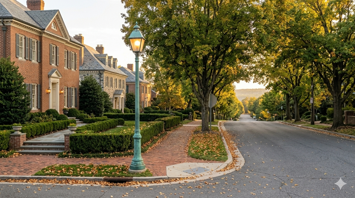 Quiet brick residential street in Northwest Washington DC lined with autumn trees and a well-maintained Colonial home representing the Foxhall and Palisades neighborhoods