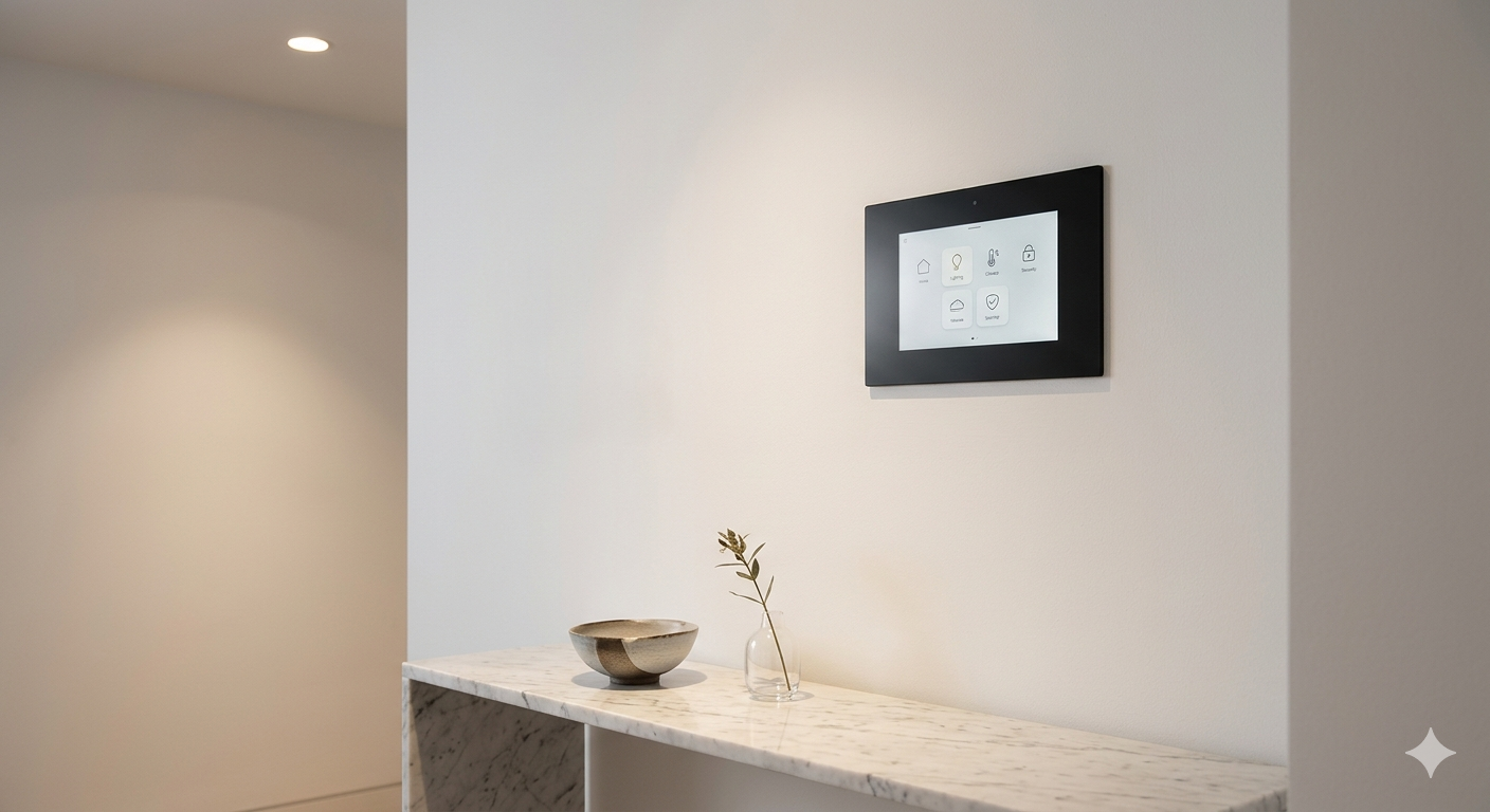 Matte black smart home control panel mounted on a white wall inside a luxury home in Washington DC, surrounded by refined interior design details including a marble console and ambient lighting
