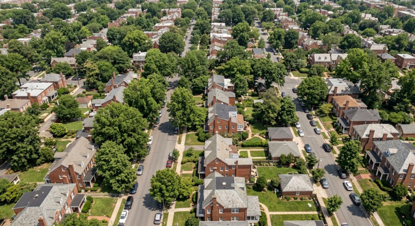  Tree-lined suburban street with mature oaks and detached homes near Washington DC metro area