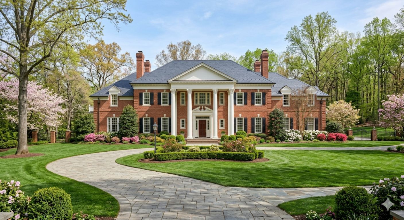 Large Georgian estate home with white columns and manicured lawn in McLean, Virginia