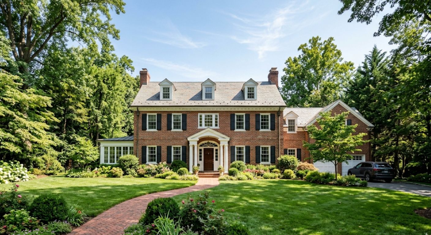Large brick colonial home in upper Northwest Washington DC with mature trees and landscaped front yard