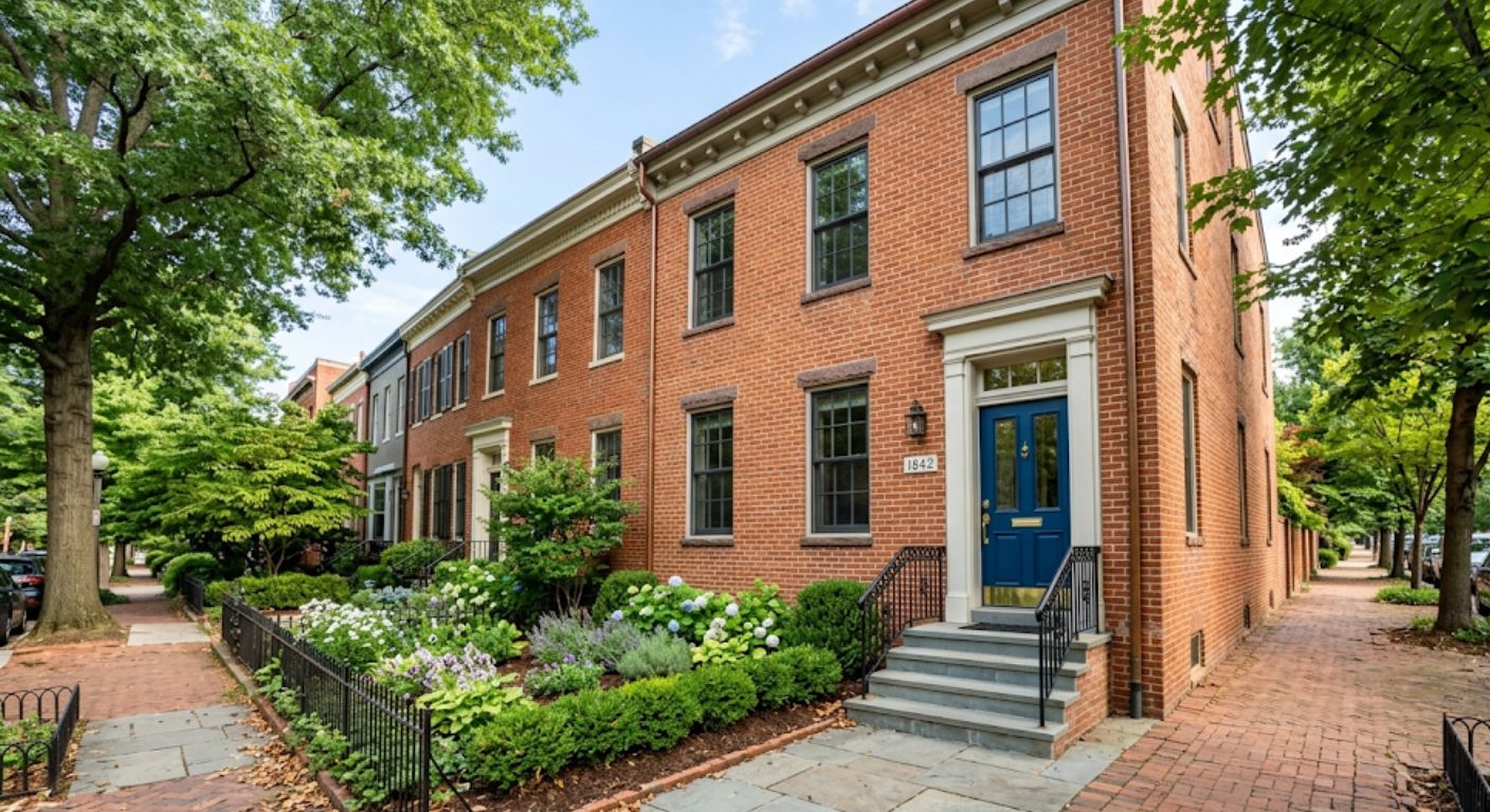 Alt Text: Brick townhome with blue front door on a tree-lined street in Northwest Washington DC