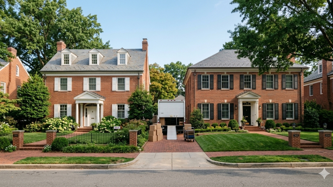 Two brick homes on a tree-lined street in the DC metro area representing a move-up buyer transition