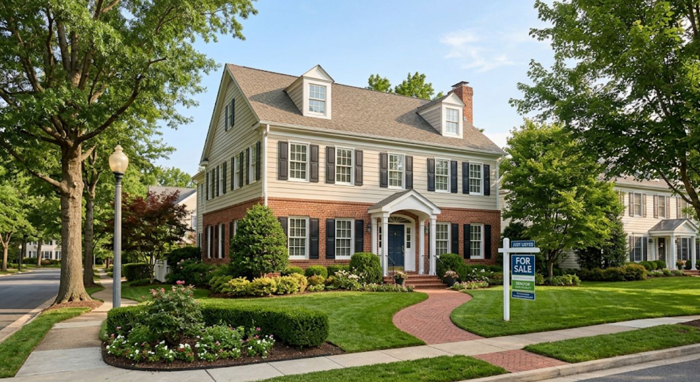Traditional colonial home listed for sale in a Washington DC metro area neighborhood on a sunny morning