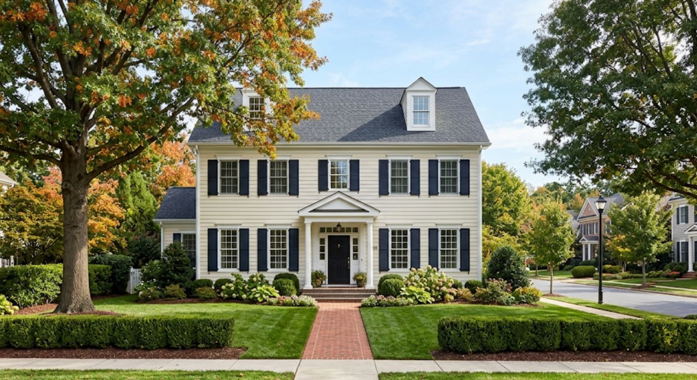 Alt Text: Well-maintained colonial home in a Washington DC suburban neighborhood with clean curb appeal