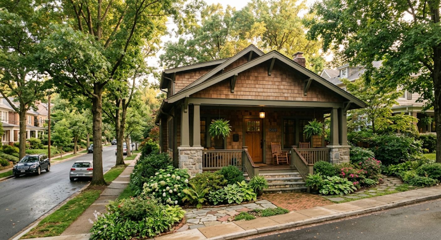 Craftsman bungalow on a tree-lined street in The Palisades neighborhood of Northwest Washington DC