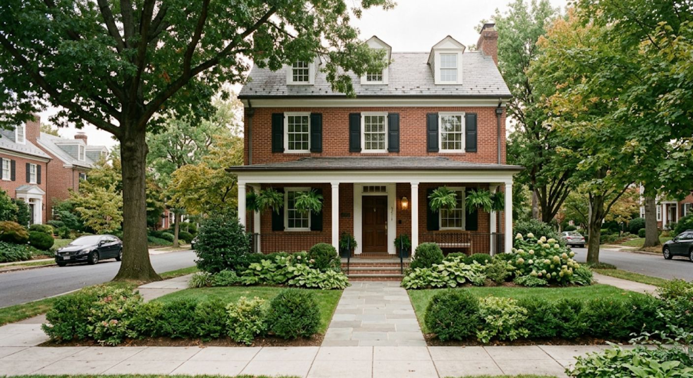 Traditional brick home on a quiet residential street in Northwest Washington DC in soft morning light