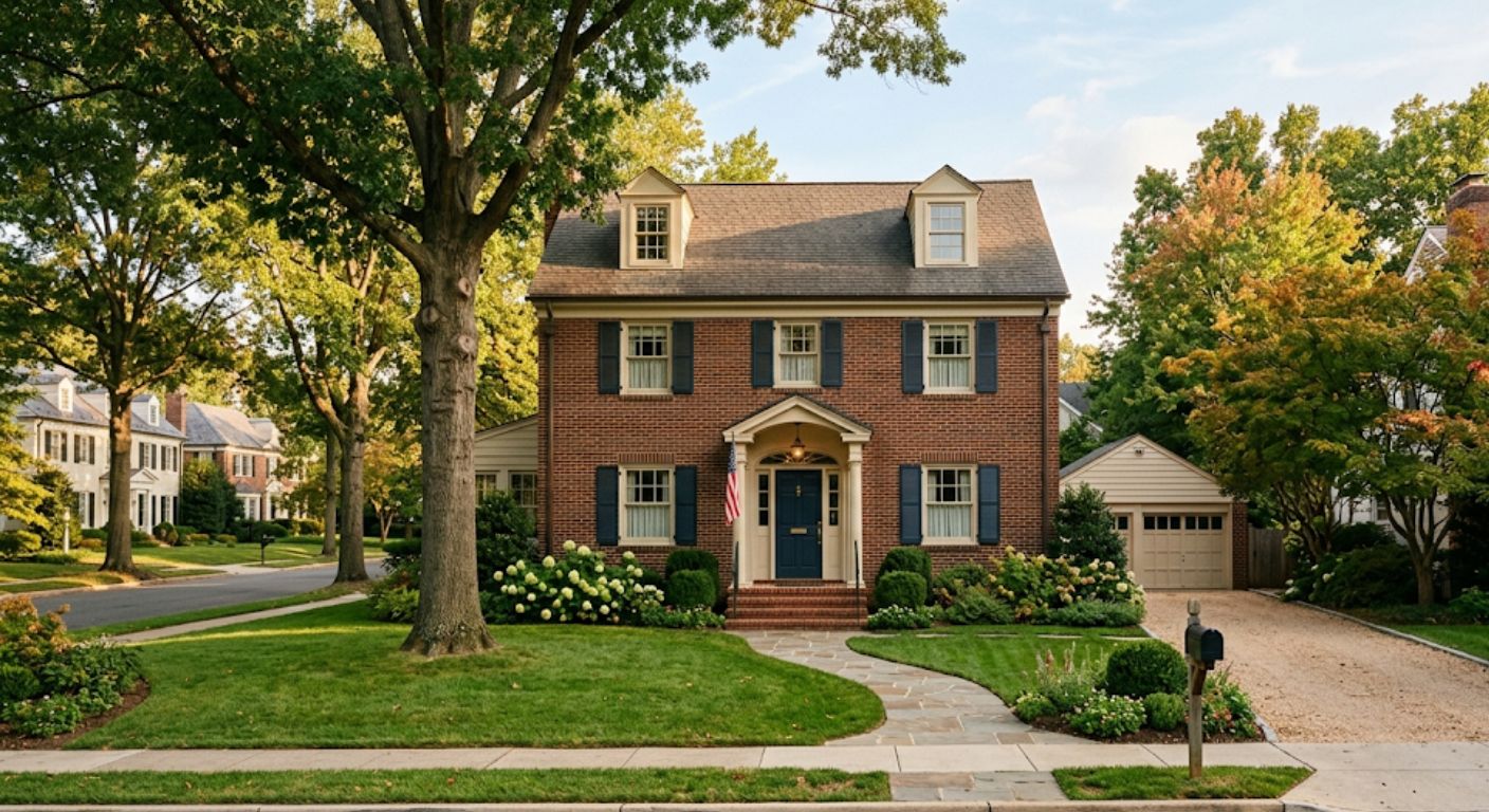 Traditional brick family home on a quiet residential street in the DC metro area representing downsizing transition