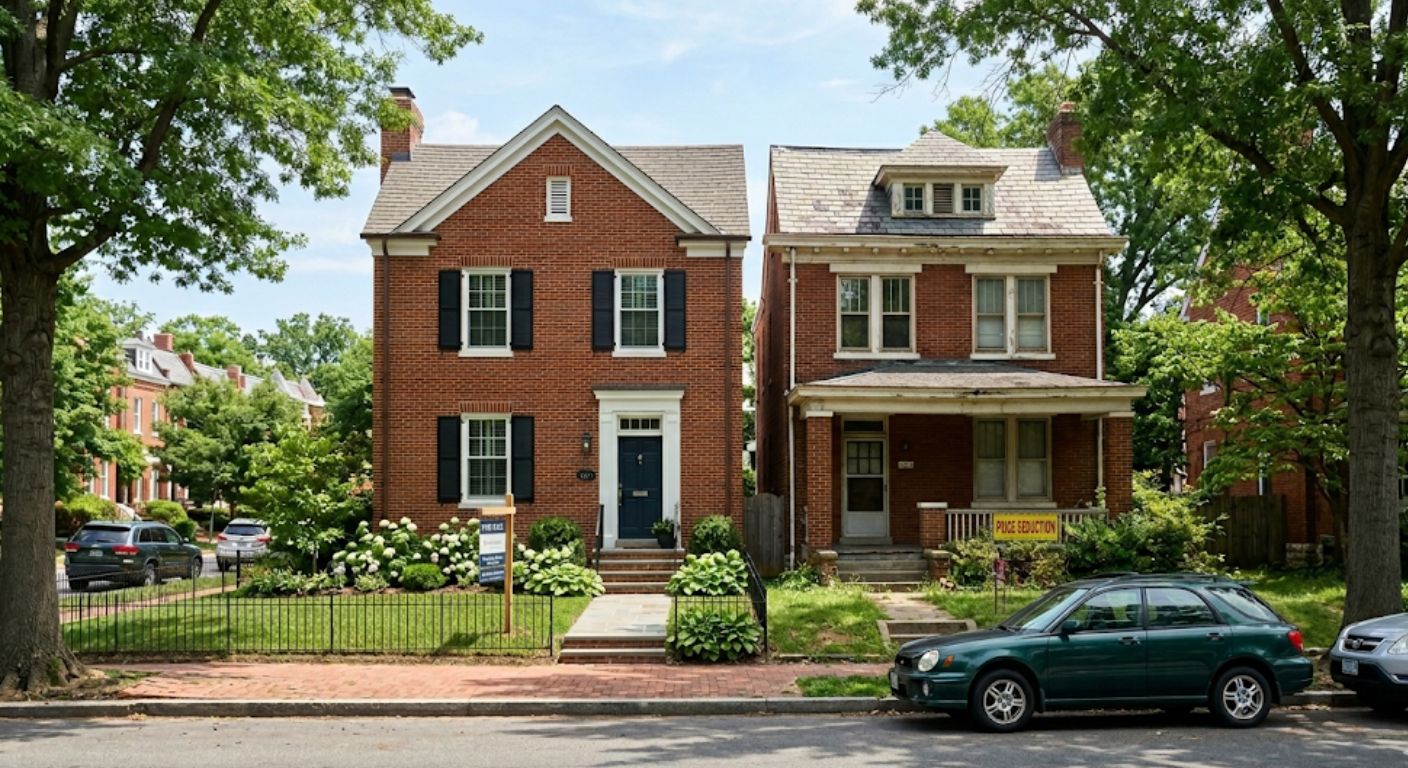 Two traditional brick homes on a Northwest Washington DC street with for-sale signs in midday light