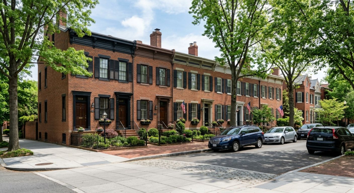Well-maintained brick townhouse row on a quiet residential DC street representing the DC metro real estate market