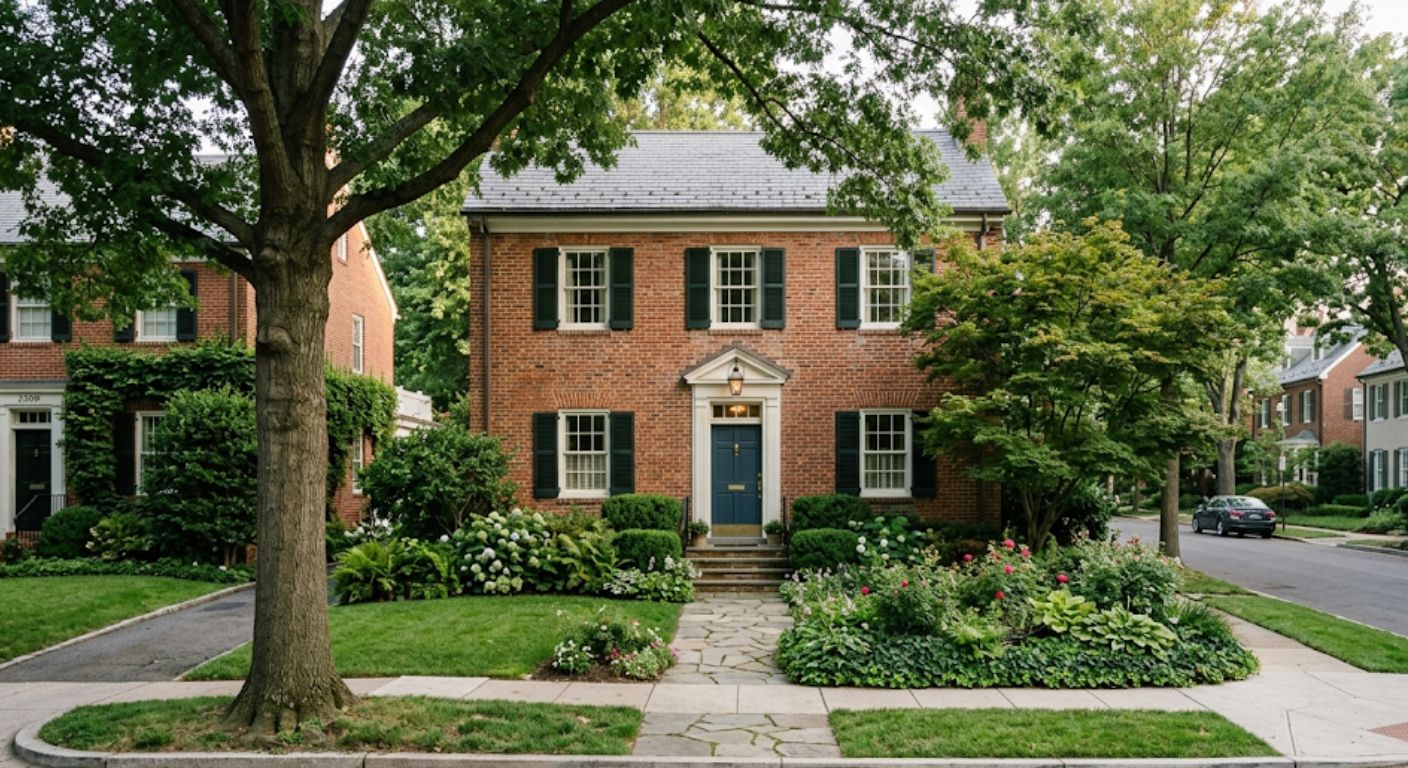 Established brick colonial home with mature trees on a quiet residential street in Washington DC area